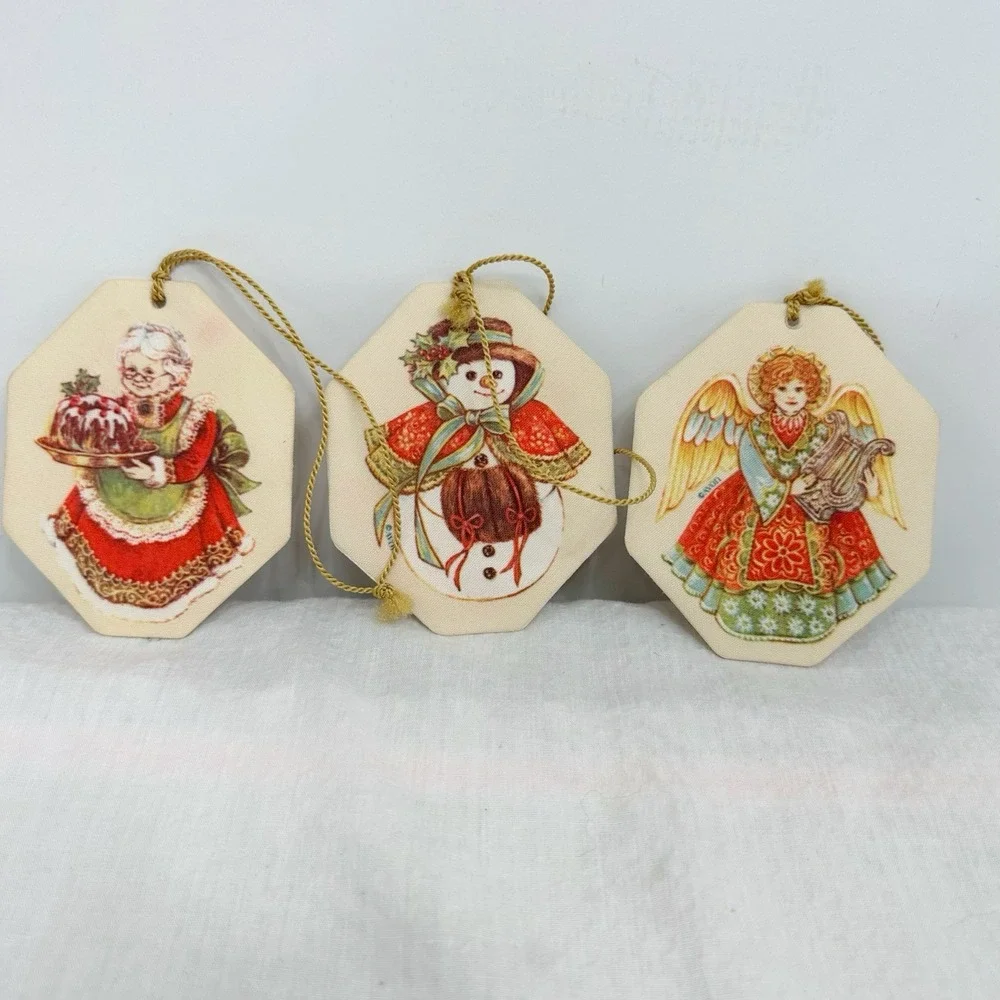Set of 3 Avon‎ Double Sided Snowman Angel Santa Mrs Fabric Christmas Ornament